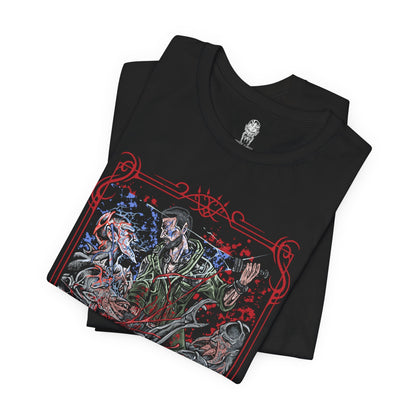 Image 5 of a T-shirt design of Kyle Crane from Dying Light facing a pack of Volatiles on a rooftop at night, UV light glowing in one hand as the creatures emerge from the darkness. Their sinewy bodies and glowing eyes pierce through the shadows while the ruined city stretches below. The design captures the terror of nighttime survival and the relentless hunt that begins after sunset.