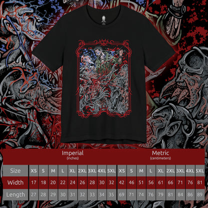 Size chart of a T-shirt design of Kyle Crane from Dying Light facing a pack of Volatiles on a rooftop at night, UV light glowing in one hand as the creatures emerge from the darkness. Their sinewy bodies and glowing eyes pierce through the shadows while the ruined city stretches below. The design captures the terror of nighttime survival and the relentless hunt that begins after sunset.