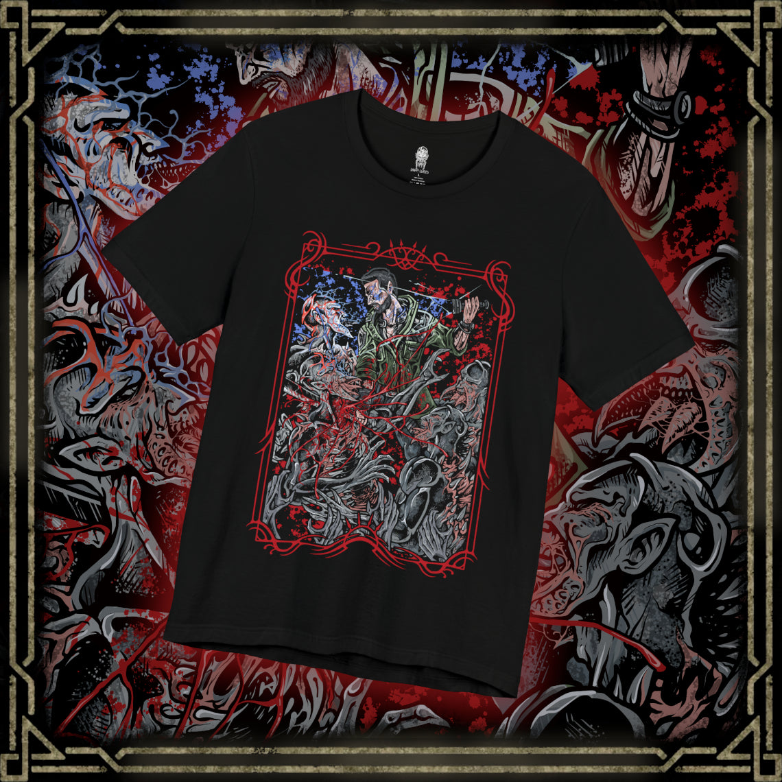Thumbnail of a T-shirt design of Kyle Crane from Dying Light facing a pack of Volatiles on a rooftop at night, UV light glowing in one hand as the creatures emerge from the darkness. Their sinewy bodies and glowing eyes pierce through the shadows while the ruined city stretches below. The design captures the terror of nighttime survival and the relentless hunt that begins after sunset.