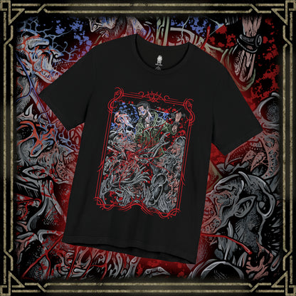 Thumbnail of a T-shirt design of Kyle Crane from Dying Light facing a pack of Volatiles on a rooftop at night, UV light glowing in one hand as the creatures emerge from the darkness. Their sinewy bodies and glowing eyes pierce through the shadows while the ruined city stretches below. The design captures the terror of nighttime survival and the relentless hunt that begins after sunset.