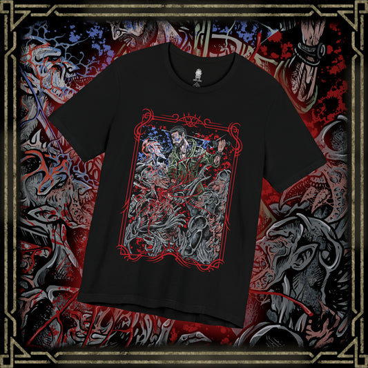 Thumbnail of a T-shirt design of Kyle Crane from Dying Light facing a pack of Volatiles on a rooftop at night, UV light glowing in one hand as the creatures emerge from the darkness. Their sinewy bodies and glowing eyes pierce through the shadows while the ruined city stretches below. The design captures the terror of nighttime survival and the relentless hunt that begins after sunset.
