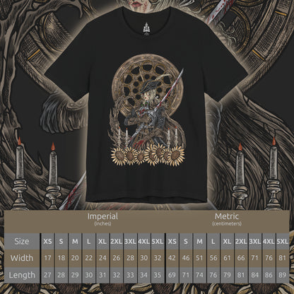 Size chart of a T-shirt artwork depicting Lady Maria mid-duel, twin blades flashing as blood magic erupts from her wounds and coats the floor in scarlet light. Clockwork gears and broken glass frame the scene, symbolizing time frozen around her penance. This design reflects her attempt to forget the atrocities of the past and the violent resolve that surfaces when intruders reach the tower.
