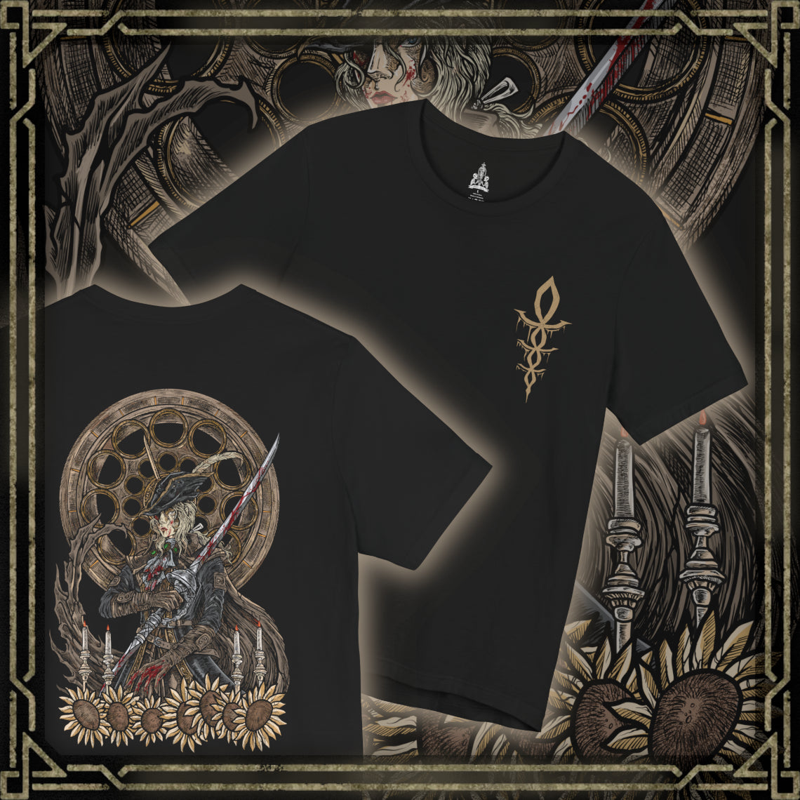 Thumbnail of a T-shirt artwork depicting Lady Maria mid-duel, twin blades flashing as blood magic erupts from her wounds and coats the floor in scarlet light. Clockwork gears and broken glass frame the scene, symbolizing time frozen around her penance. This design reflects her attempt to forget the atrocities of the past and the violent resolve that surfaces when intruders reach the tower.