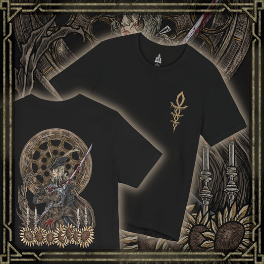 Thumbnail of a T-shirt artwork depicting Lady Maria mid-duel, twin blades flashing as blood magic erupts from her wounds and coats the floor in scarlet light. Clockwork gears and broken glass frame the scene, symbolizing time frozen around her penance. This design reflects her attempt to forget the atrocities of the past and the violent resolve that surfaces when intruders reach the tower.