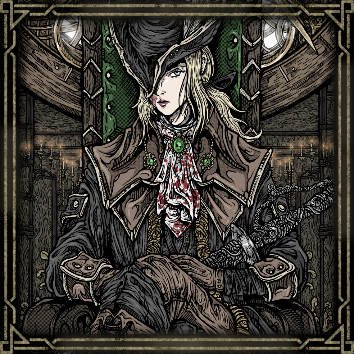 Concept Art of Lady Maria of the Astral Clocktower Grim. Lady Maria, a fallen noble and powerful hunter, guards the secrets of the nightmare with deadly resolve. She wields twin blades with lethal grace, and channels her own blood to strike down intruders. As one of Bloodborne’s most iconic figures, Maria embodies the sorrow of the past and the silent rage of one who cannot forgive herself.