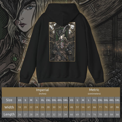 Size chart of a Hooded Sweatshirt showcasing Lady Maria from Bloodborne, protector of the Astral Clocktower and one of the most revered figures in the Healing Church’s dark history. A master of the Rakuyo and descendant of Cainhurst blood, Maria is both graceful and brutal in combat. This design honors her melancholic story—torn between past sins and her vow to shield the secrets of the nightmare—making it a must-have for fans of Bloodborne’s gothic lore.