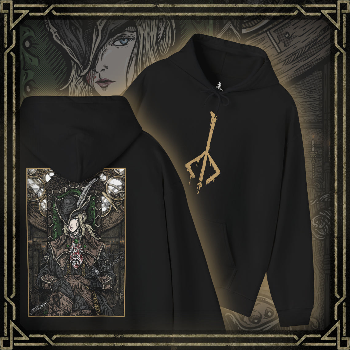 Thumbnail of a Hooded Sweatshirt showcasing Lady Maria from Bloodborne, protector of the Astral Clocktower and one of the most revered figures in the Healing Church’s dark history. A master of the Rakuyo and descendant of Cainhurst blood, Maria is both graceful and brutal in combat. This design honors her melancholic story—torn between past sins and her vow to shield the secrets of the nightmare—making it a must-have for fans of Bloodborne’s gothic lore.