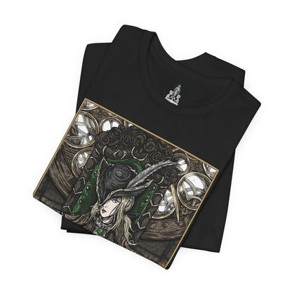 Image 5 of a T-shirt featuring Lady Maria of the Astral Clocktower from Bloodborne, the elegant yet deadly guardian of the secretive Research Hall. Once a student of Gehrman and a noble of Cainhurst, Maria abandoned blood arts in shame, only to be bound by duty in the Clocktower. With her Rakuyo blades and flowing black coat, this design captures her grace and sorrow, reflecting the haunting beauty and tragedy of her role in the Old Hunters DLC.