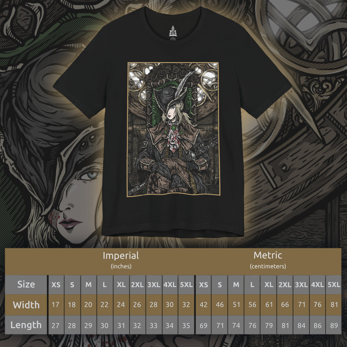Size chart of a T-shirt featuring Lady Maria of the Astral Clocktower from Bloodborne, the elegant yet deadly guardian of the secretive Research Hall. Once a student of Gehrman and a noble of Cainhurst, Maria abandoned blood arts in shame, only to be bound by duty in the Clocktower. With her Rakuyo blades and flowing black coat, this design captures her grace and sorrow, reflecting the haunting beauty and tragedy of her role in the Old Hunters DLC.