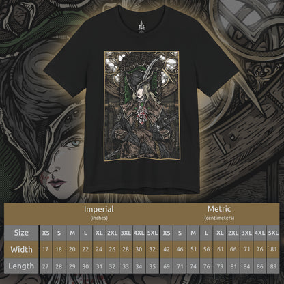 Size chart of a T-shirt featuring Lady Maria of the Astral Clocktower from Bloodborne, the elegant yet deadly guardian of the secretive Research Hall. Once a student of Gehrman and a noble of Cainhurst, Maria abandoned blood arts in shame, only to be bound by duty in the Clocktower. With her Rakuyo blades and flowing black coat, this design captures her grace and sorrow, reflecting the haunting beauty and tragedy of her role in the Old Hunters DLC.