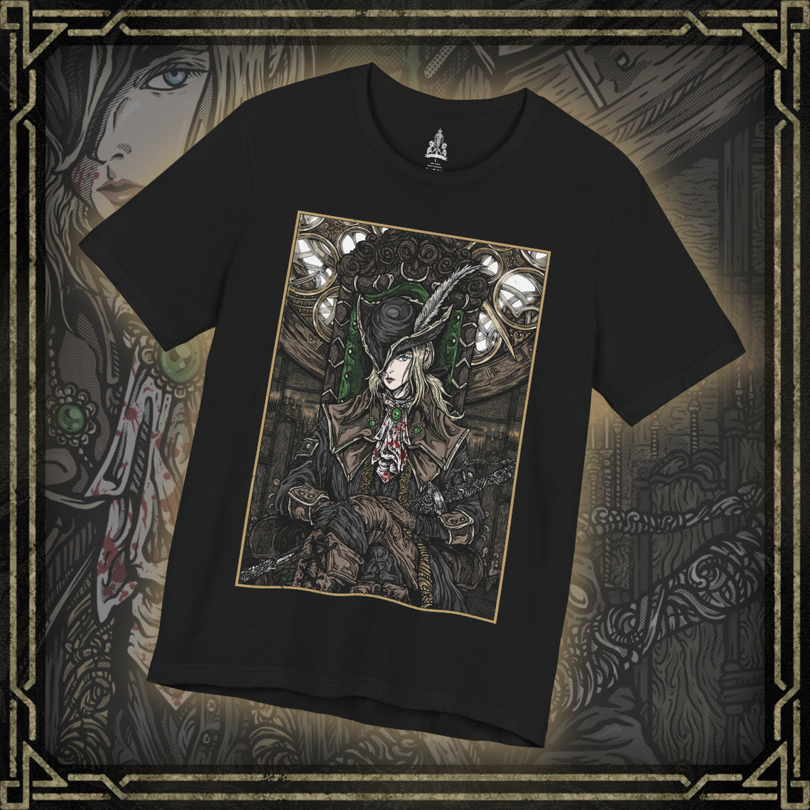 Thumbnail of a T-shirt featuring Lady Maria of the Astral Clocktower from Bloodborne, the elegant yet deadly guardian of the secretive Research Hall. Once a student of Gehrman and a noble of Cainhurst, Maria abandoned blood arts in shame, only to be bound by duty in the Clocktower. With her Rakuyo blades and flowing black coat, this design captures her grace and sorrow, reflecting the haunting beauty and tragedy of her role in the Old Hunters DLC.