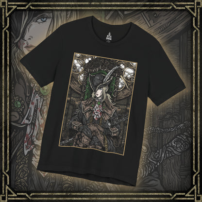 Thumbnail of a T-shirt featuring Lady Maria of the Astral Clocktower from Bloodborne, the elegant yet deadly guardian of the secretive Research Hall. Once a student of Gehrman and a noble of Cainhurst, Maria abandoned blood arts in shame, only to be bound by duty in the Clocktower. With her Rakuyo blades and flowing black coat, this design captures her grace and sorrow, reflecting the haunting beauty and tragedy of her role in the Old Hunters DLC.