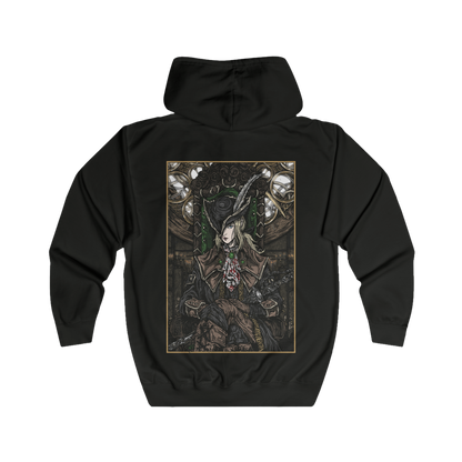 Folded Zip-up Hooded Sweatshirt featuring Lady Maria of the Astral Clocktower from Bloodborne, the legendary hunter who abandoned her Rakuyo after witnessing the horrors of the Fishing Hamlet. A master of the blade and blood, Maria fought to suppress the very power that ultimately defined her. This design captures her tragic elegance, fierce swordsmanship, and descent into the blood-soaked nightmare of the Old Hunters.