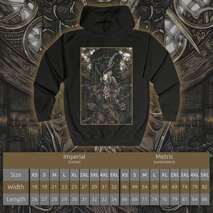 Size chart of a Zip-up Hooded Sweatshirt featuring Lady Maria of the Astral Clocktower from Bloodborne, the legendary hunter who abandoned her Rakuyo after witnessing the horrors of the Fishing Hamlet. A master of the blade and blood, Maria fought to suppress the very power that ultimately defined her. This design captures her tragic elegance, fierce swordsmanship, and descent into the blood-soaked nightmare of the Old Hunters.