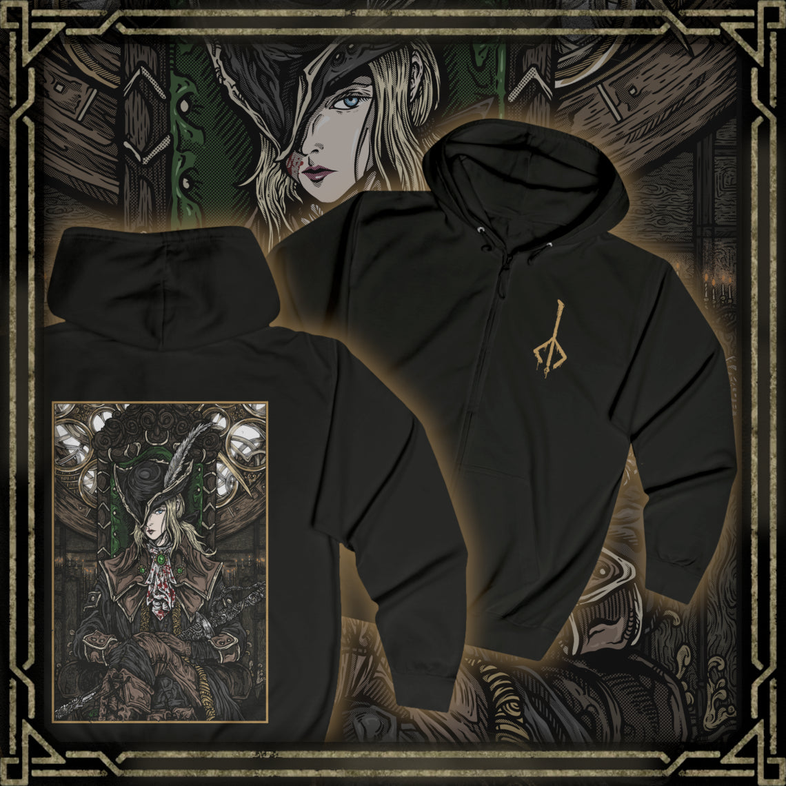 Thumbnail of a Zip-up Hooded Sweatshirt featuring Lady Maria of the Astral Clocktower from Bloodborne, the legendary hunter who abandoned her Rakuyo after witnessing the horrors of the Fishing Hamlet. A master of the blade and blood, Maria fought to suppress the very power that ultimately defined her. This design captures her tragic elegance, fierce swordsmanship, and descent into the blood-soaked nightmare of the Old Hunters.