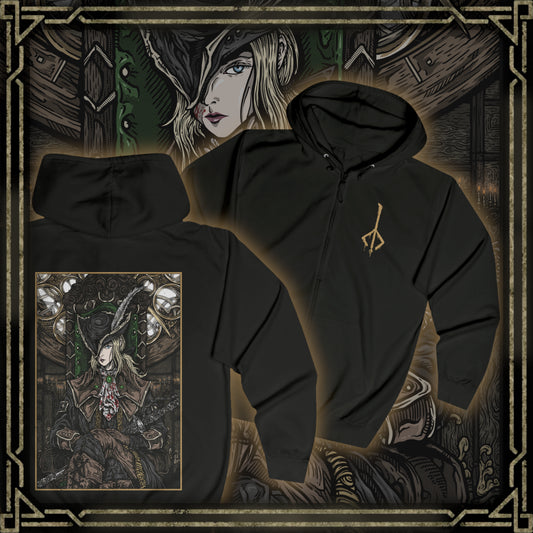 Thumbnail of a Zip-up Hooded Sweatshirt featuring Lady Maria of the Astral Clocktower from Bloodborne, the legendary hunter who abandoned her Rakuyo after witnessing the horrors of the Fishing Hamlet. A master of the blade and blood, Maria fought to suppress the very power that ultimately defined her. This design captures her tragic elegance, fierce swordsmanship, and descent into the blood-soaked nightmare of the Old Hunters.