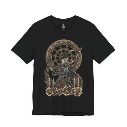 Image 4 of a T-shirt design of Lady Maria from Bloodborne, standing within the Astral Clocktower as moonlight filters through shattered windows. Her Rakuyo blades gleam while blood ignites into crimson flame around her, revealing her forbidden use of blood arts. The design captures her tragic remorse, her role as guardian of the Fishing Hamlet’s secret, and the fury unleashed when hunters confront buried sins.