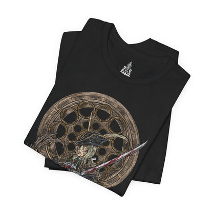 Image 5 of a T-shirt design of Lady Maria from Bloodborne, standing within the Astral Clocktower as moonlight filters through shattered windows. Her Rakuyo blades gleam while blood ignites into crimson flame around her, revealing her forbidden use of blood arts. The design captures her tragic remorse, her role as guardian of the Fishing Hamlet’s secret, and the fury unleashed when hunters confront buried sins.