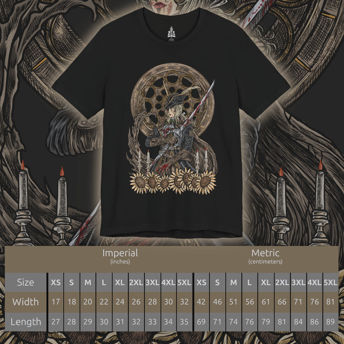Size chart of a T-shirt design of Lady Maria from Bloodborne, standing within the Astral Clocktower as moonlight filters through shattered windows. Her Rakuyo blades gleam while blood ignites into crimson flame around her, revealing her forbidden use of blood arts. The design captures her tragic remorse, her role as guardian of the Fishing Hamlet’s secret, and the fury unleashed when hunters confront buried sins.