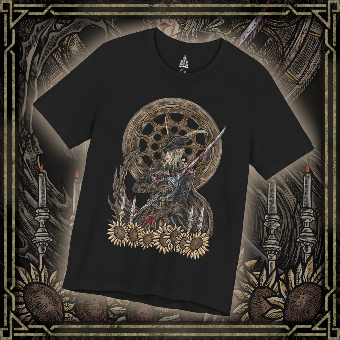 Thumbnail of a T-shirt design of Lady Maria from Bloodborne, standing within the Astral Clocktower as moonlight filters through shattered windows. Her Rakuyo blades gleam while blood ignites into crimson flame around her, revealing her forbidden use of blood arts. The design captures her tragic remorse, her role as guardian of the Fishing Hamlet’s secret, and the fury unleashed when hunters confront buried sins.