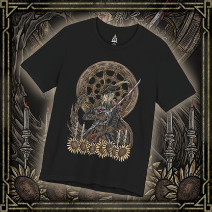 Thumbnail of a T-shirt design of Lady Maria from Bloodborne, standing within the Astral Clocktower as moonlight filters through shattered windows. Her Rakuyo blades gleam while blood ignites into crimson flame around her, revealing her forbidden use of blood arts. The design captures her tragic remorse, her role as guardian of the Fishing Hamlet’s secret, and the fury unleashed when hunters confront buried sins.