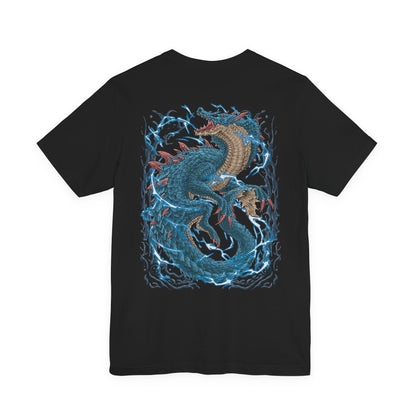 Image 5 of a T-shirt artwork depicting Lagiacrus coiling through a raging sea, its long body cutting through waves as arcs of electricity illuminate the dark waters. Storm clouds gather overhead while its glowing horns pulse with power. This design reflects the creature’s mastery of both water and lightning, embodying the primal terror of the deep ocean and its apex predator.