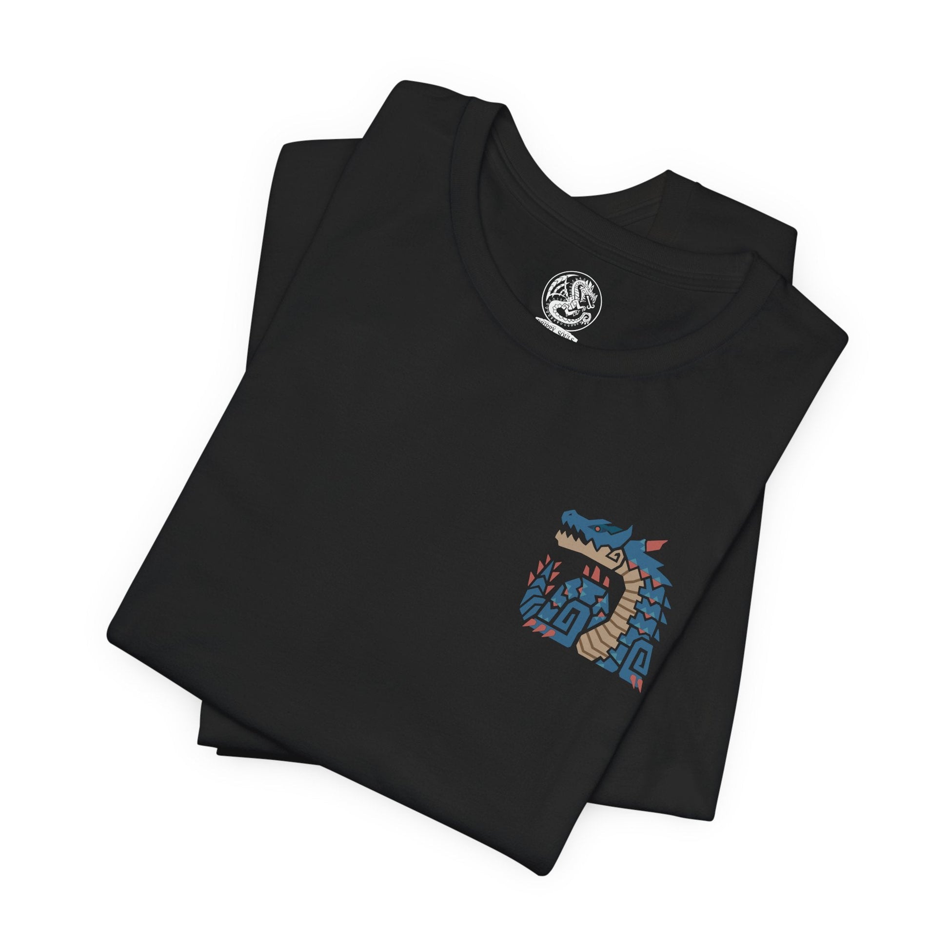 Image 6 of a T-shirt artwork depicting Lagiacrus coiling through a raging sea, its long body cutting through waves as arcs of electricity illuminate the dark waters. Storm clouds gather overhead while its glowing horns pulse with power. This design reflects the creature’s mastery of both water and lightning, embodying the primal terror of the deep ocean and its apex predator.