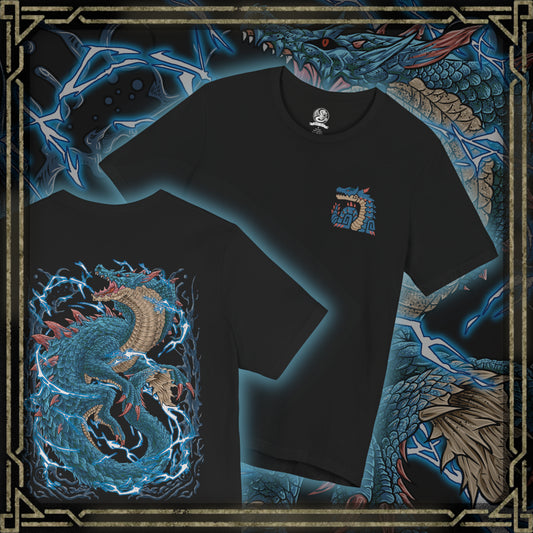 Thumbnail of a T-shirt artwork depicting Lagiacrus coiling through a raging sea, its long body cutting through waves as arcs of electricity illuminate the dark waters. Storm clouds gather overhead while its glowing horns pulse with power. This design reflects the creature’s mastery of both water and lightning, embodying the primal terror of the deep ocean and its apex predator.