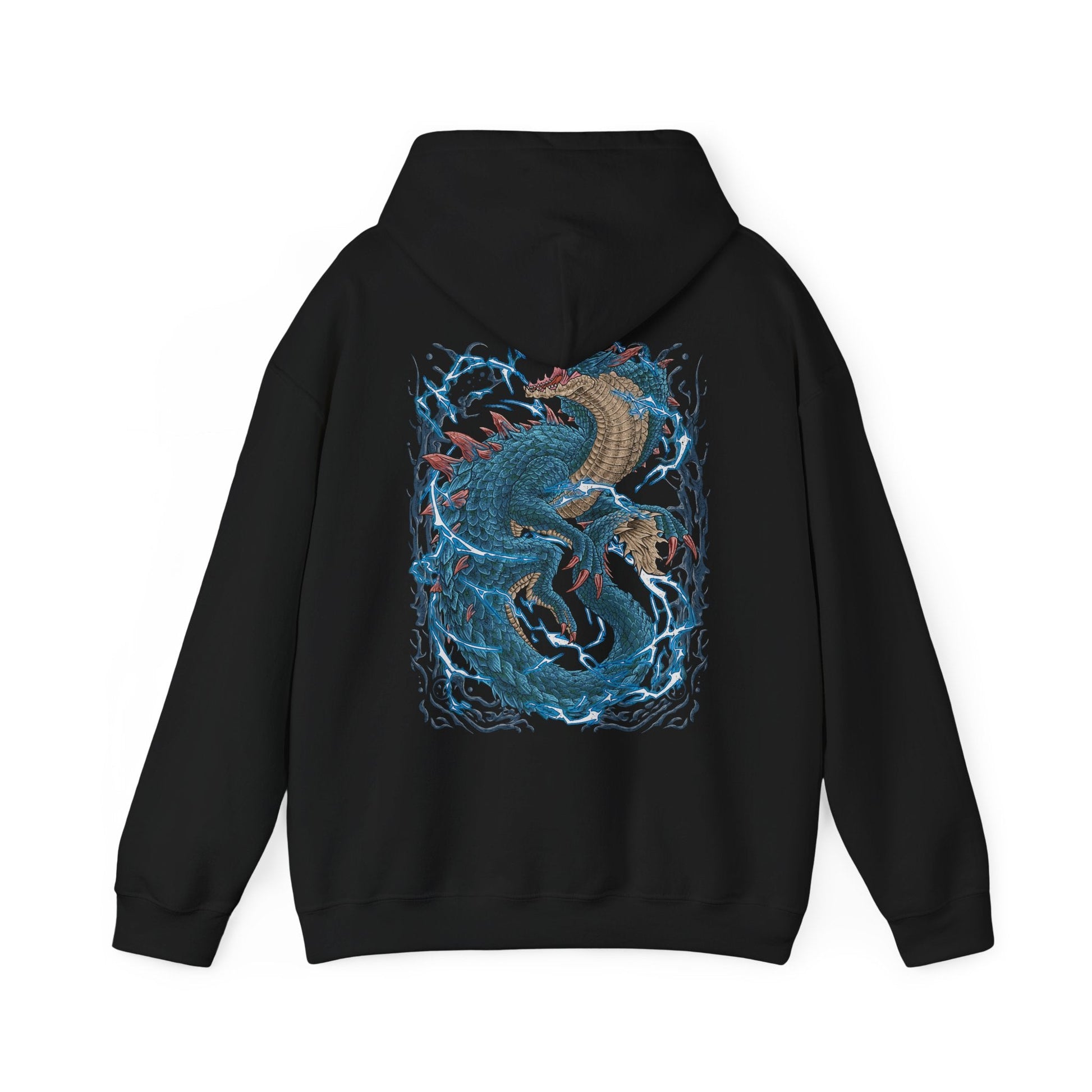 Image 5 of a Hooded Sweatshirt of Lagiacrus emerging from beneath the ocean surface, lightning erupting across its armored scales as waves crash violently around it. Its elongated body twists with immense strength while the sea itself seems to bend to its will. The composition emphasizes elemental control, oceanic dominance, and the legendary presence of one of Monster Hunter’s most iconic leviathans.