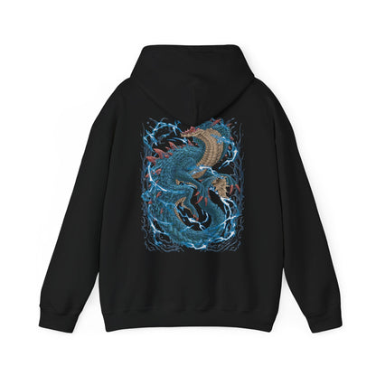 Image 5 of a Hooded Sweatshirt of Lagiacrus emerging from beneath the ocean surface, lightning erupting across its armored scales as waves crash violently around it. Its elongated body twists with immense strength while the sea itself seems to bend to its will. The composition emphasizes elemental control, oceanic dominance, and the legendary presence of one of Monster Hunter’s most iconic leviathans.