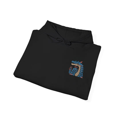 Image 6 of a Hooded Sweatshirt of Lagiacrus emerging from beneath the ocean surface, lightning erupting across its armored scales as waves crash violently around it. Its elongated body twists with immense strength while the sea itself seems to bend to its will. The composition emphasizes elemental control, oceanic dominance, and the legendary presence of one of Monster Hunter’s most iconic leviathans.
