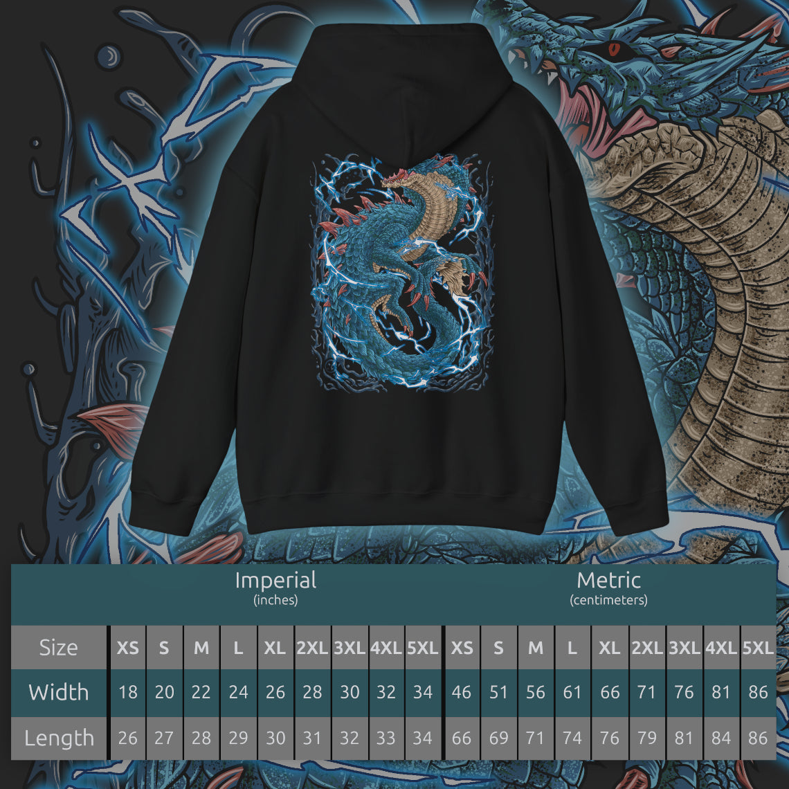 Size chart of a Hooded Sweatshirt of Lagiacrus emerging from beneath the ocean surface, lightning erupting across its armored scales as waves crash violently around it. Its elongated body twists with immense strength while the sea itself seems to bend to its will. The composition emphasizes elemental control, oceanic dominance, and the legendary presence of one of Monster Hunter’s most iconic leviathans.