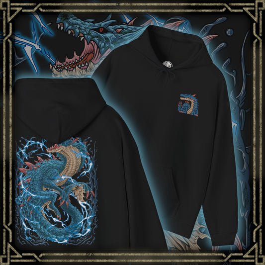 Thumbnail of a Hooded Sweatshirt of Lagiacrus emerging from beneath the ocean surface, lightning erupting across its armored scales as waves crash violently around it. Its elongated body twists with immense strength while the sea itself seems to bend to its will. The composition emphasizes elemental control, oceanic dominance, and the legendary presence of one of Monster Hunter’s most iconic leviathans.