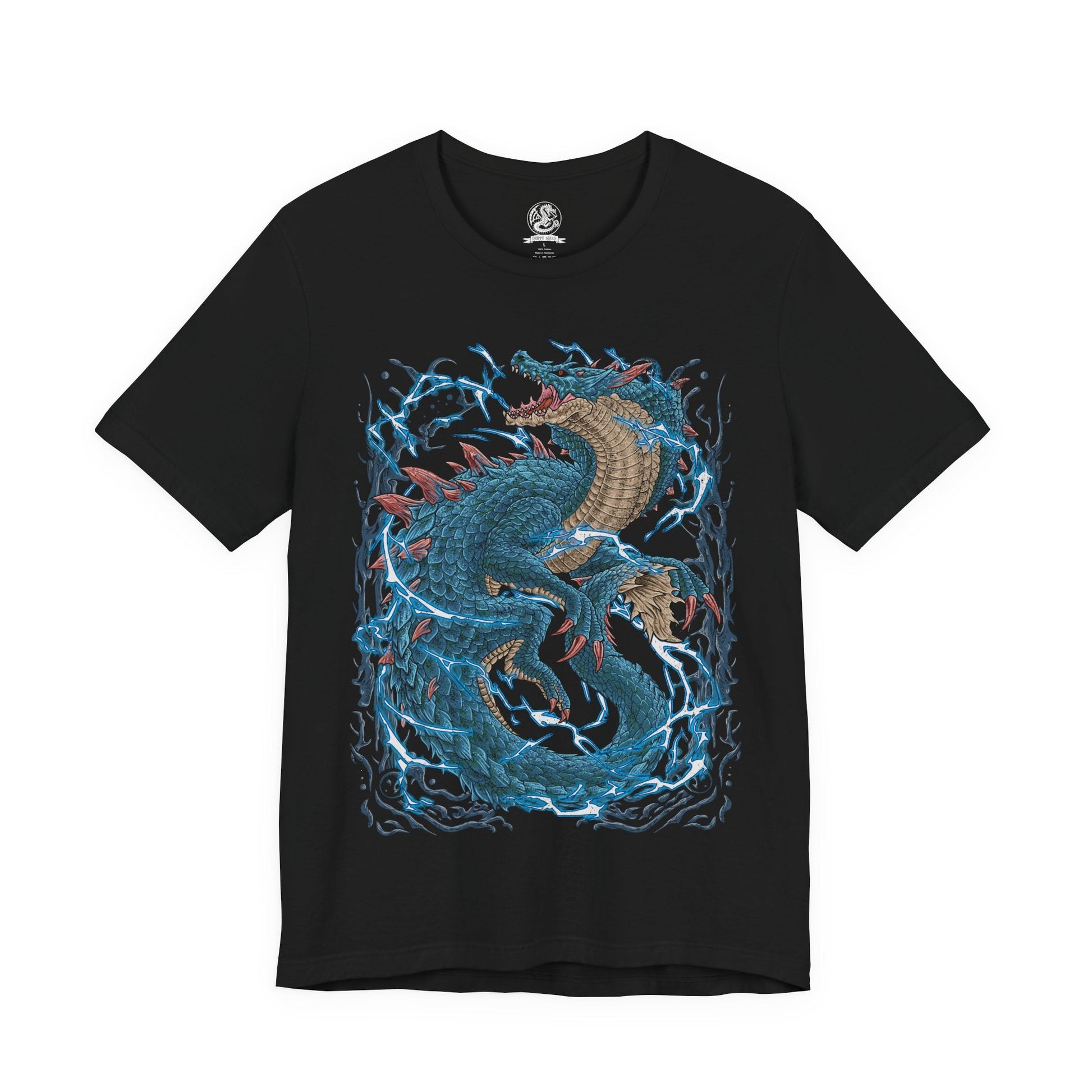 Image 4 of a T-shirt design of Lagiacrus from Monster Hunter, the Lord of the Seas, rising from stormy ocean waves as lightning surges through its serpentine body. Water crashes around its massive frame while electric currents ripple across its scales. The design captures its dominance over the ocean depths, combining aquatic power with thunderous energy in a display of elemental supremacy.