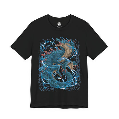 Image 4 of a T-shirt design of Lagiacrus from Monster Hunter, the Lord of the Seas, rising from stormy ocean waves as lightning surges through its serpentine body. Water crashes around its massive frame while electric currents ripple across its scales. The design captures its dominance over the ocean depths, combining aquatic power with thunderous energy in a display of elemental supremacy.