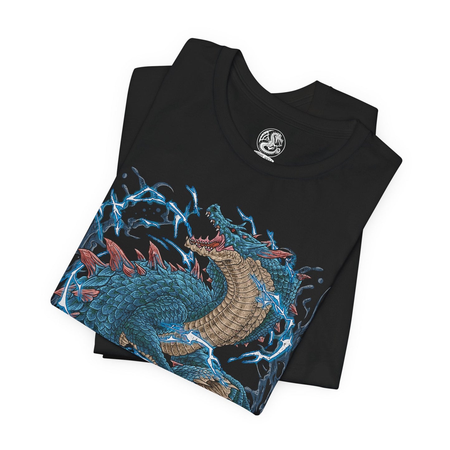 Image 5 of a T-shirt design of Lagiacrus from Monster Hunter, the Lord of the Seas, rising from stormy ocean waves as lightning surges through its serpentine body. Water crashes around its massive frame while electric currents ripple across its scales. The design captures its dominance over the ocean depths, combining aquatic power with thunderous energy in a display of elemental supremacy.