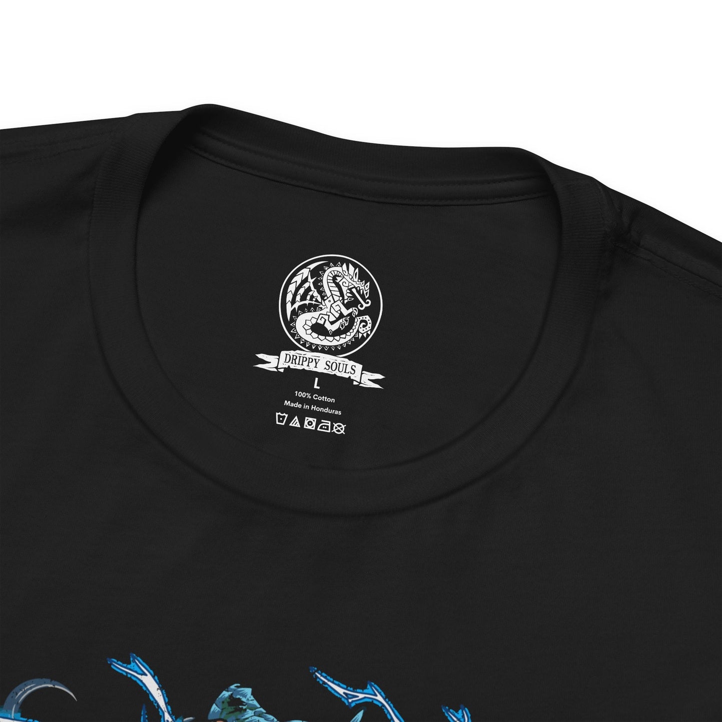 Folded T-shirt design of Lagiacrus from Monster Hunter, the Lord of the Seas, rising from stormy ocean waves as lightning surges through its serpentine body. Water crashes around its massive frame while electric currents ripple across its scales. The design captures its dominance over the ocean depths, combining aquatic power with thunderous energy in a display of elemental supremacy.