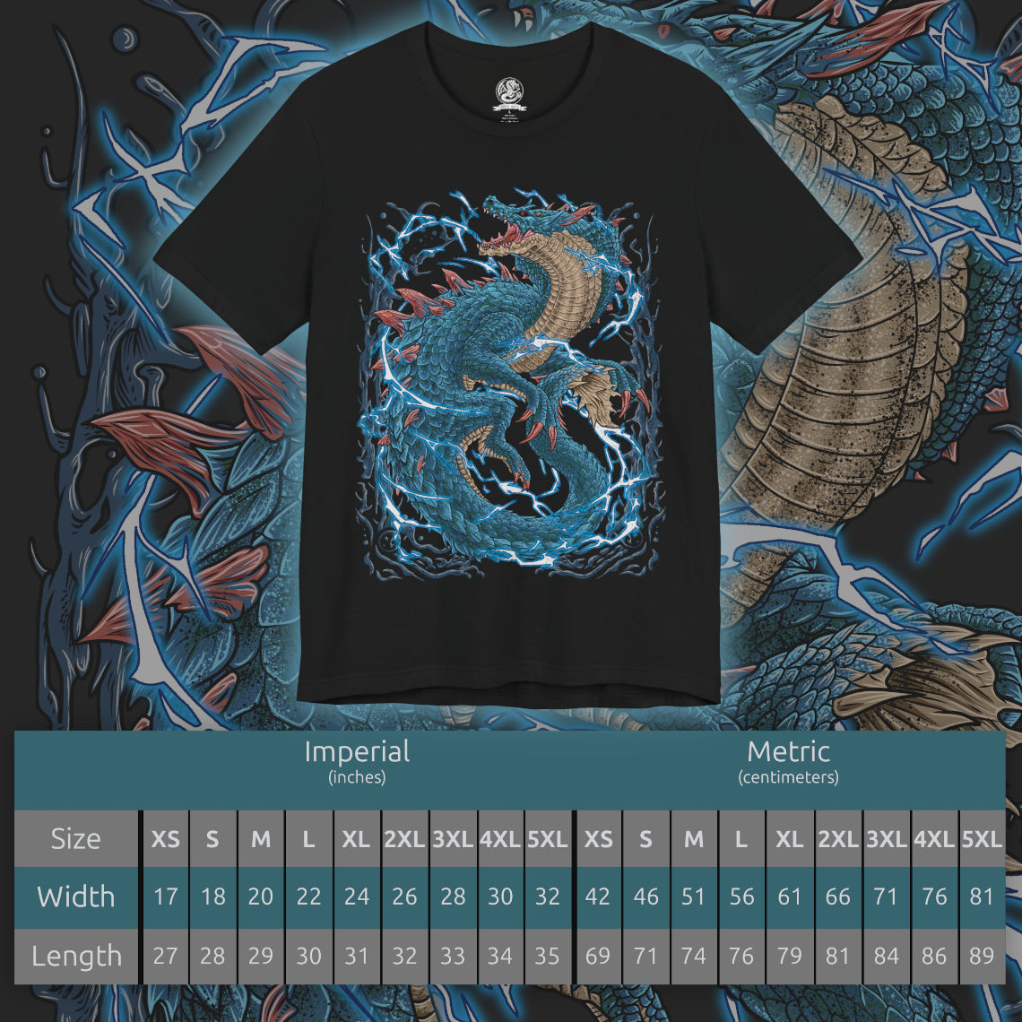 Size chart of a T-shirt design of Lagiacrus from Monster Hunter, the Lord of the Seas, rising from stormy ocean waves as lightning surges through its serpentine body. Water crashes around its massive frame while electric currents ripple across its scales. The design captures its dominance over the ocean depths, combining aquatic power with thunderous energy in a display of elemental supremacy.