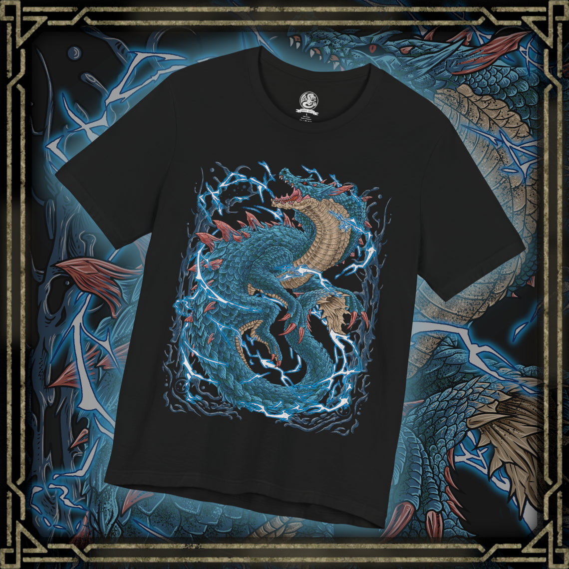 Thumbnail of a T-shirt design of Lagiacrus from Monster Hunter, the Lord of the Seas, rising from stormy ocean waves as lightning surges through its serpentine body. Water crashes around its massive frame while electric currents ripple across its scales. The design captures its dominance over the ocean depths, combining aquatic power with thunderous energy in a display of elemental supremacy.