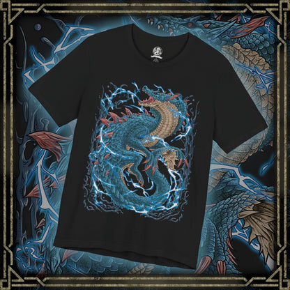 Thumbnail of a T-shirt design of Lagiacrus from Monster Hunter, the Lord of the Seas, rising from stormy ocean waves as lightning surges through its serpentine body. Water crashes around its massive frame while electric currents ripple across its scales. The design captures its dominance over the ocean depths, combining aquatic power with thunderous energy in a display of elemental supremacy.