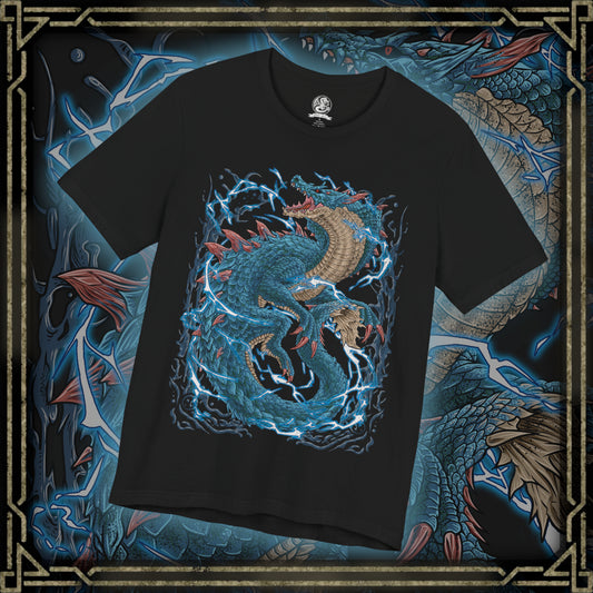 Thumbnail of a T-shirt design of Lagiacrus from Monster Hunter, the Lord of the Seas, rising from stormy ocean waves as lightning surges through its serpentine body. Water crashes around its massive frame while electric currents ripple across its scales. The design captures its dominance over the ocean depths, combining aquatic power with thunderous energy in a display of elemental supremacy.