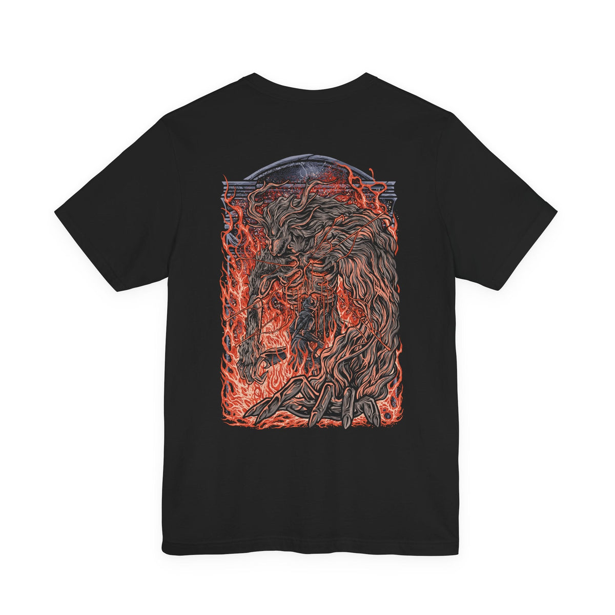 Image 5 of a Double-sided T-Shirt artwork featuring Laurence the First Vicar from Bloodborne, portraying his enormous beast form engulfed in supernatural flames. His elongated claws, twisted limbs, and burning body dominate a dark gothic setting filled with smoke, embers, and ominous shadows. The composition emphasizes his tragic transformation from revered religious leader to monstrous abomination, reflecting the dark legacy of the Healing Church and the horrors of The Old Hunters.
