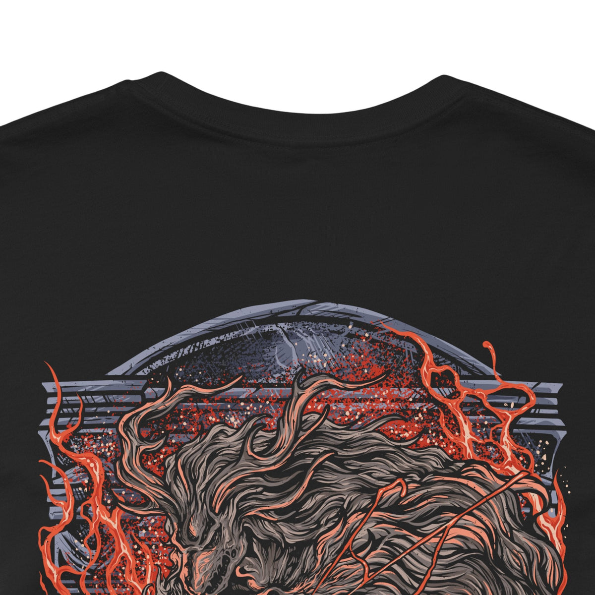 Image 7 of a Double-sided T-Shirt artwork featuring Laurence the First Vicar from Bloodborne, portraying his enormous beast form engulfed in supernatural flames. His elongated claws, twisted limbs, and burning body dominate a dark gothic setting filled with smoke, embers, and ominous shadows. The composition emphasizes his tragic transformation from revered religious leader to monstrous abomination, reflecting the dark legacy of the Healing Church and the horrors of The Old Hunters.