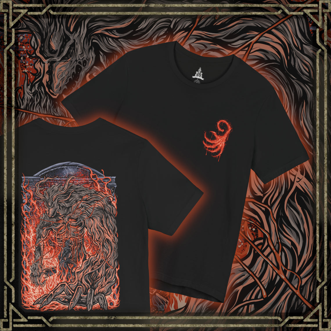Thumbnail of a Double-sided T-Shirt artwork featuring Laurence the First Vicar from Bloodborne, portraying his enormous beast form engulfed in supernatural flames. His elongated claws, twisted limbs, and burning body dominate a dark gothic setting filled with smoke, embers, and ominous shadows. The composition emphasizes his tragic transformation from revered religious leader to monstrous abomination, reflecting the dark legacy of the Healing Church and the horrors of The Old Hunters.