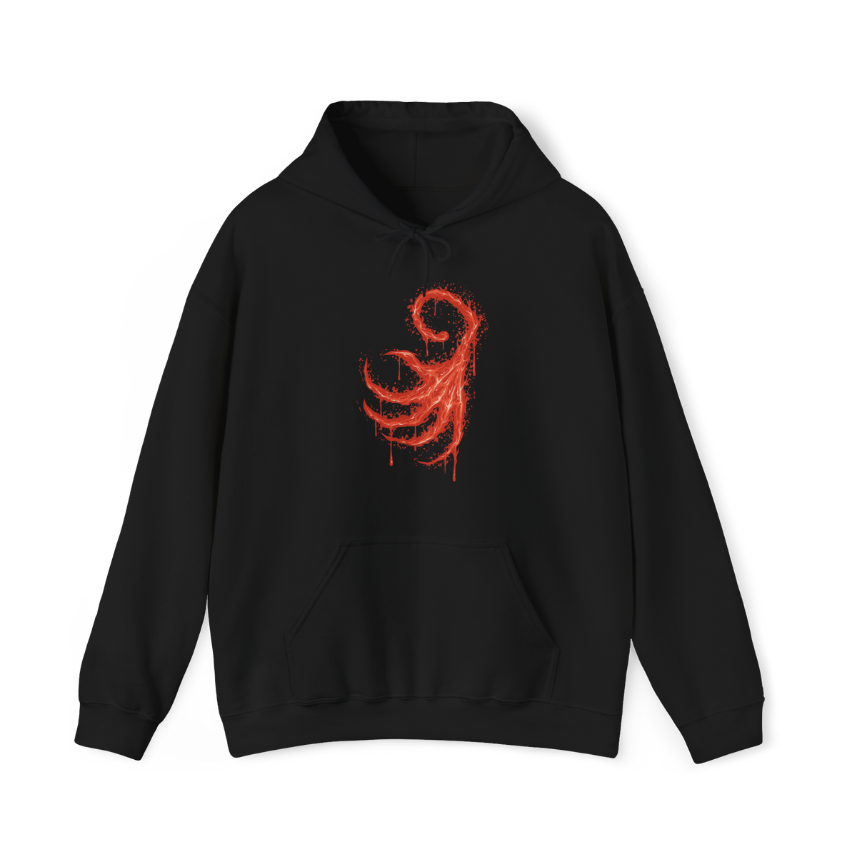 Image 4 of a Hooded Sweatshirt design of Laurence the First Vicar from Bloodborne: The Old Hunters, showing the enormous beast towering amid swirling flames, glowing embers, and deep shadows. His grotesque body, elongated claws, and fiery mane create a terrifying silhouette inspired by the iconic boss encounter in the Hunter's Nightmare. The artwork highlights his tragic fall from religious authority to monstrous beast, capturing the gothic atmosphere and relentless horror of Bloodborne.