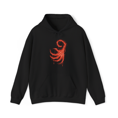 Image 4 of a Hooded Sweatshirt design of Laurence the First Vicar from Bloodborne: The Old Hunters, showing the enormous beast towering amid swirling flames, glowing embers, and deep shadows. His grotesque body, elongated claws, and fiery mane create a terrifying silhouette inspired by the iconic boss encounter in the Hunter's Nightmare. The artwork highlights his tragic fall from religious authority to monstrous beast, capturing the gothic atmosphere and relentless horror of Bloodborne.