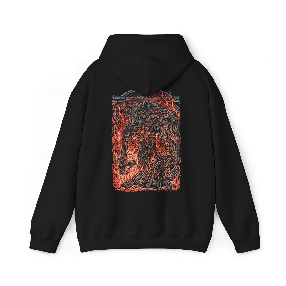 Image 5 of a Hooded Sweatshirt design of Laurence the First Vicar from Bloodborne: The Old Hunters, showing the enormous beast towering amid swirling flames, glowing embers, and deep shadows. His grotesque body, elongated claws, and fiery mane create a terrifying silhouette inspired by the iconic boss encounter in the Hunter's Nightmare. The artwork highlights his tragic fall from religious authority to monstrous beast, capturing the gothic atmosphere and relentless horror of Bloodborne.
