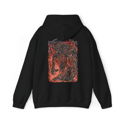Image 5 of a Hooded Sweatshirt design of Laurence the First Vicar from Bloodborne: The Old Hunters, showing the enormous beast towering amid swirling flames, glowing embers, and deep shadows. His grotesque body, elongated claws, and fiery mane create a terrifying silhouette inspired by the iconic boss encounter in the Hunter's Nightmare. The artwork highlights his tragic fall from religious authority to monstrous beast, capturing the gothic atmosphere and relentless horror of Bloodborne.