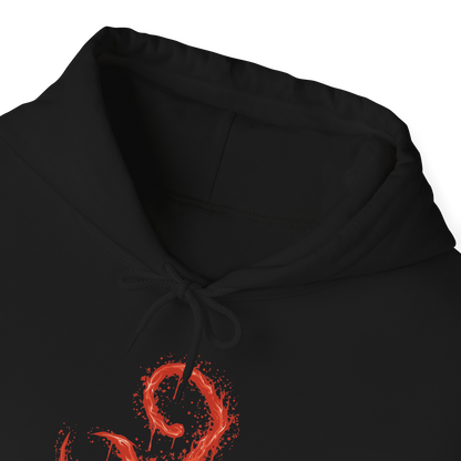 Folded Hooded Sweatshirt design of Laurence the First Vicar from Bloodborne: The Old Hunters, showing the enormous beast towering amid swirling flames, glowing embers, and deep shadows. His grotesque body, elongated claws, and fiery mane create a terrifying silhouette inspired by the iconic boss encounter in the Hunter's Nightmare. The artwork highlights his tragic fall from religious authority to monstrous beast, capturing the gothic atmosphere and relentless horror of Bloodborne.