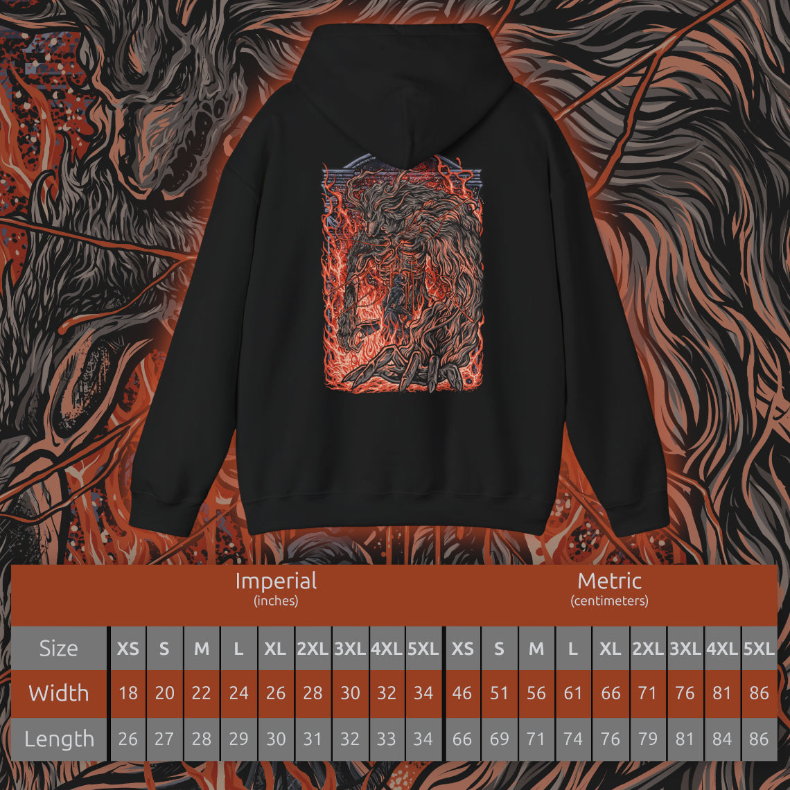 Size chart of a Hooded Sweatshirt design of Laurence the First Vicar from Bloodborne: The Old Hunters, showing the enormous beast towering amid swirling flames, glowing embers, and deep shadows. His grotesque body, elongated claws, and fiery mane create a terrifying silhouette inspired by the iconic boss encounter in the Hunter's Nightmare. The artwork highlights his tragic fall from religious authority to monstrous beast, capturing the gothic atmosphere and relentless horror of Bloodborne.